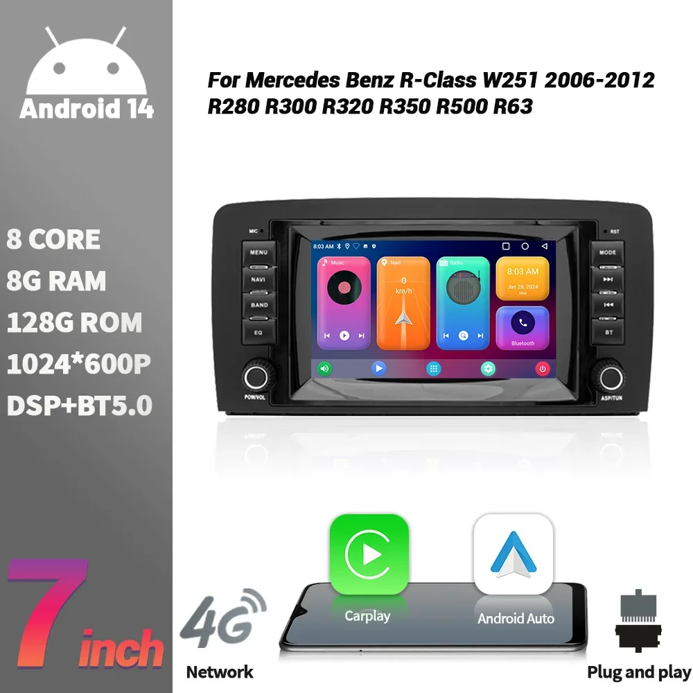 7inch AI Carplay Android Car Radio For Mercedes Benz R-Class W251 2006-2012 R280 R300 R320 R350 R500 R63 AMG autoradio GPS Navi