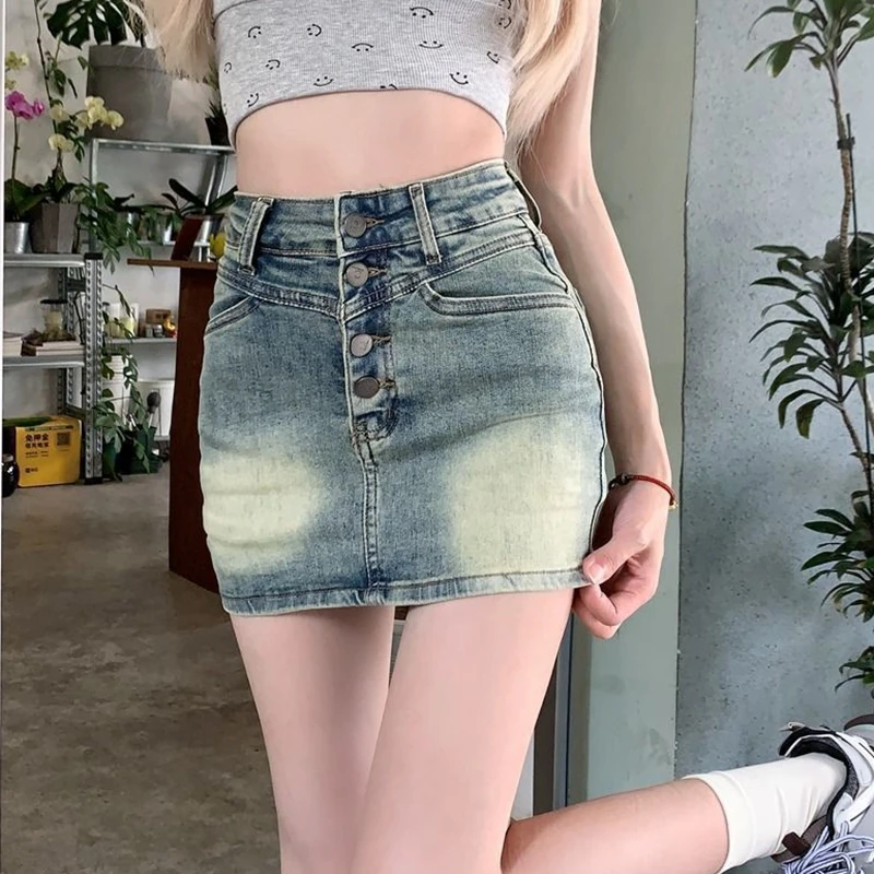 

Повседневная мини-джинсовая юбка для женщин, трапециевидная юбка с высокой талией, сексуальная одежда в корейском стиле Y2k, тонкая женская винтажная короткая облегающая джинсовая юбка