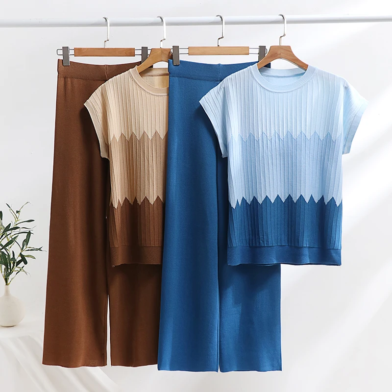 

Casual Gradient Summer Knit Pants Sets Women Loungewear 2 Piece Pajama Women Set Knitted Tank Top Two Piece Set For Women 2025