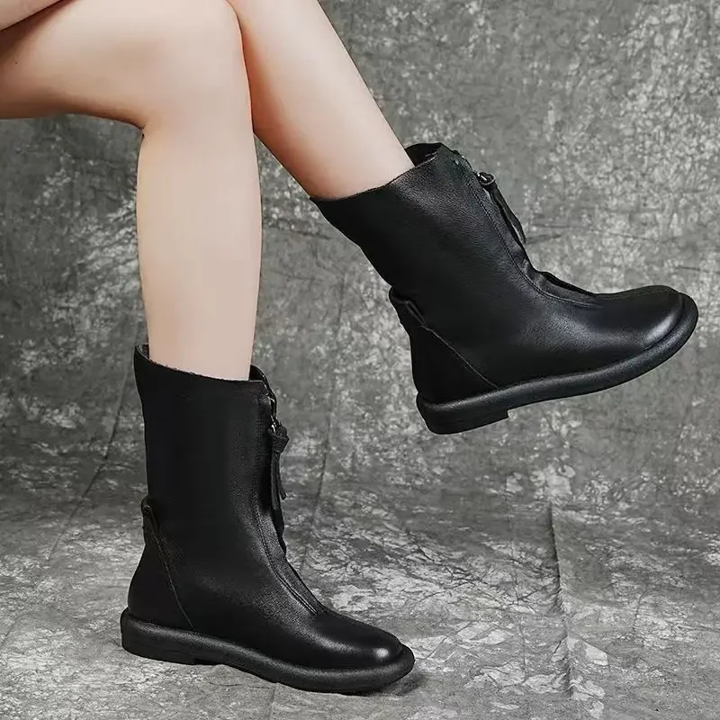 Careaymade-New retro pu leather ingle boots long boots female ankle boots soft bottom leather boots flat autumn and winter boots view 5