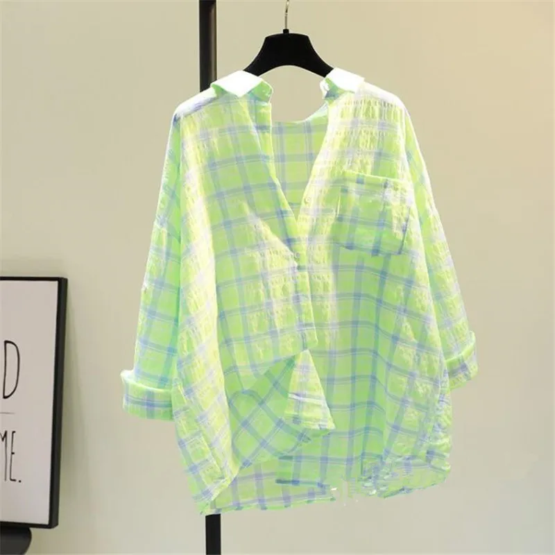 Women\'s Trendy Plaid Print Oversized Sunscreen Shirt Summer Casual Streetwear Long Sleeve Blouse Lapel Cotton Linen Tops Female