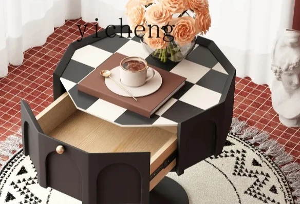 

retro bedside table high-end simple checkerboard round solid wood sofa side few master bedroom storage bedside table