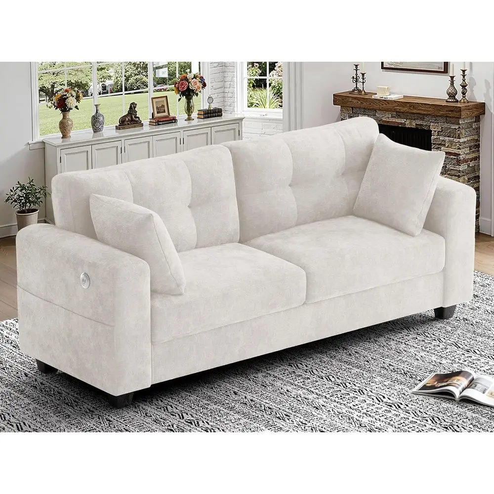 

Beige Chenille 2-Seater Sofa with Removable Cover, Wide Armrests, Side Pockets, and USB/Type-C Ports for Small Spaces
