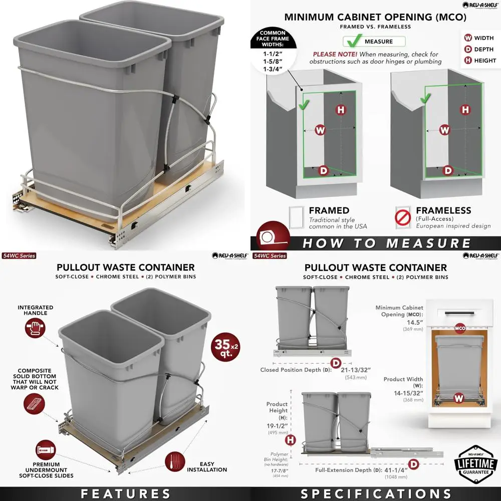 

Double 35 Quart 8.75 Gallon Bottom Mount Waste Bin Trash Container Under Kitchen Cabinet Soft Close Large Capacity Kitchen Stora