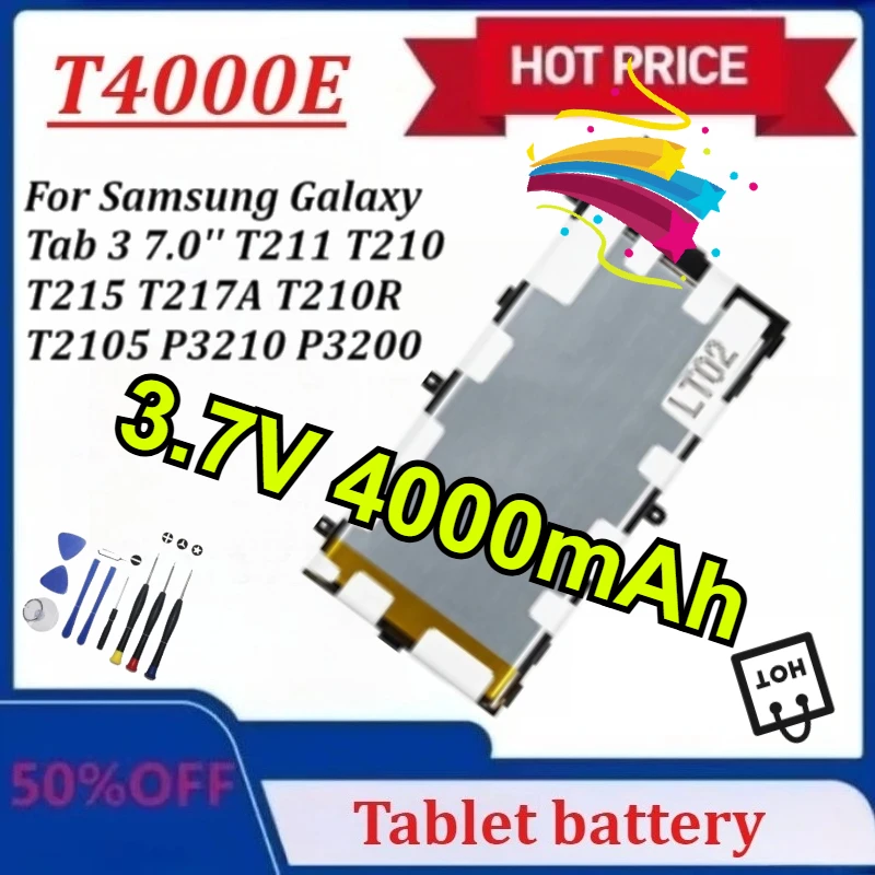 

Новый аккумулятор для планшета T4000E 3,7 В, 4000 мАч для Samsung Galaxy Tab 3 7,0 дюйма T211 T210 T210R T2105 T215 T217A P3210 P3200