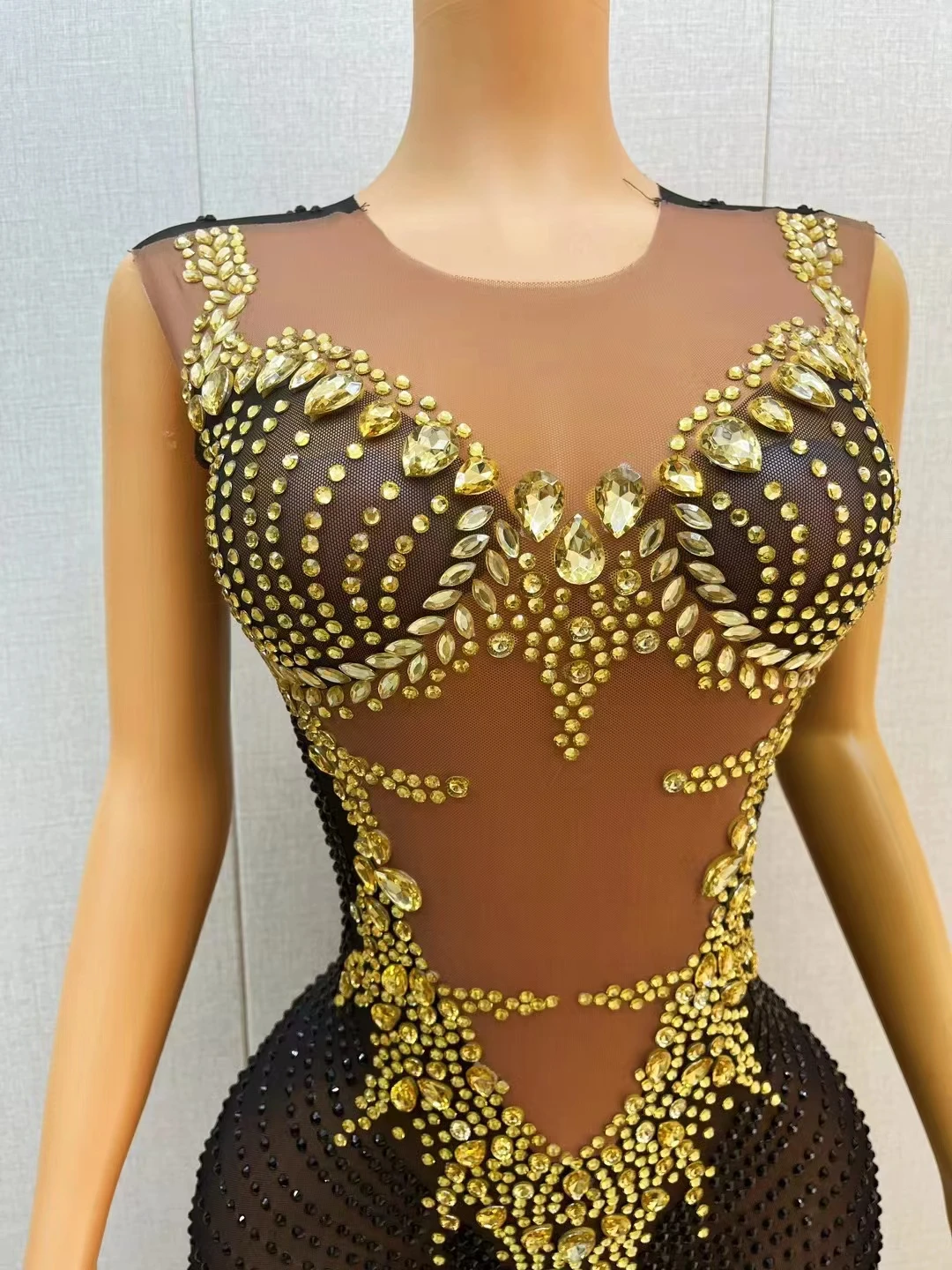 Long Dress Celebration Gown Gold Black Luxury Evening Party Birthday Rhinestones Mesh Sleeveless Singer Model Catwalk Costume