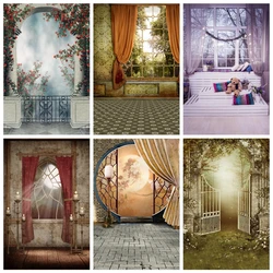 Window Scenery Vintage Curtain Backdrop Gothic Room Balcony Kid Portrait Indoor Photography Background Flower Decor Photo Studio