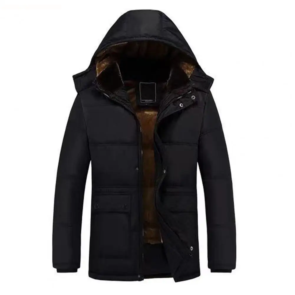 

Cotton Padded Jacket Men's Hooded Down Jacket with Plush Lining Windproof Design Long Sleeve Zipper Closure Coat with Pockets