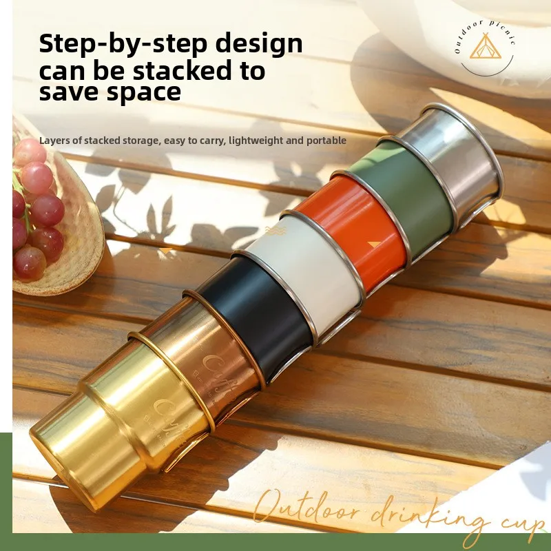 1PCS Stainless Steel Step Cup with Handle, Outdoor Camping Coffee Mug for Hiking Rolled Rim Design Single-Layer Drinking Cup