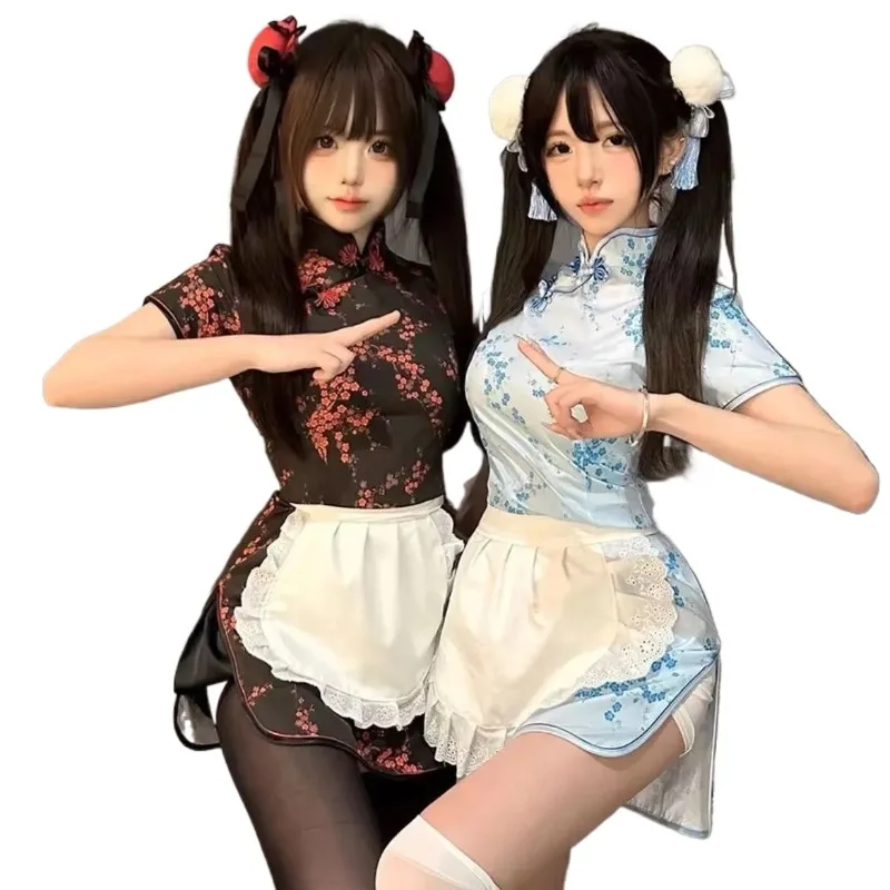 Sexy Slimming Chinese Style Cheongsam Dress with Apron National Trend Small Kitchen Girl New Modified Chinese Dress