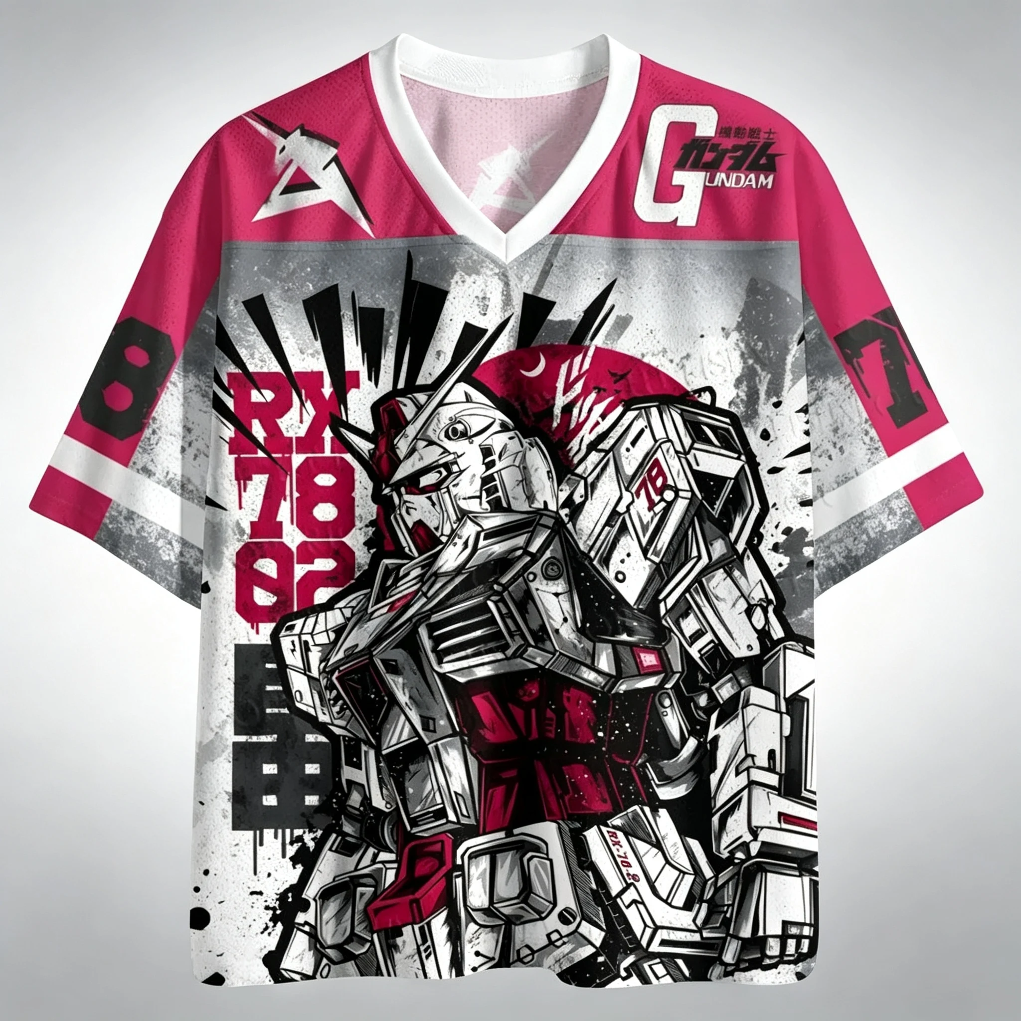 New Graffiti RX78 Gundam Graphic V-Neck Jersey Tee Men Women Retro Anime Streetwear Loose Shirts For Fan Meetup Daily Outing