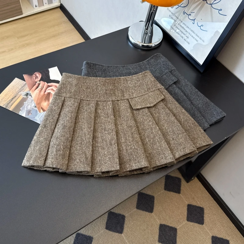 Minigonna casual in lana grigia kaki da donna Y2K Harajuku giapponese carino moda estetica college autunno inverno gonna corta 2025
