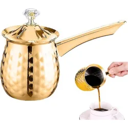 Gold Hammered Milk Pot Stainless Steel Turkish Coffee Pot with Lid Long Handle Saucepan Butter Melting Pot Kitchen Tools