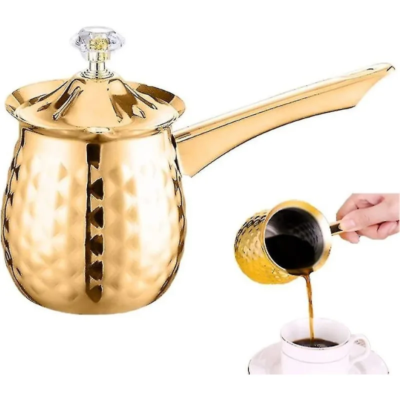 Gold Hammered Milk Pot Stainless Steel Turkish Coffee Pot with Lid Long Handle Saucepan Butter Melting Pot Kitchen Tools