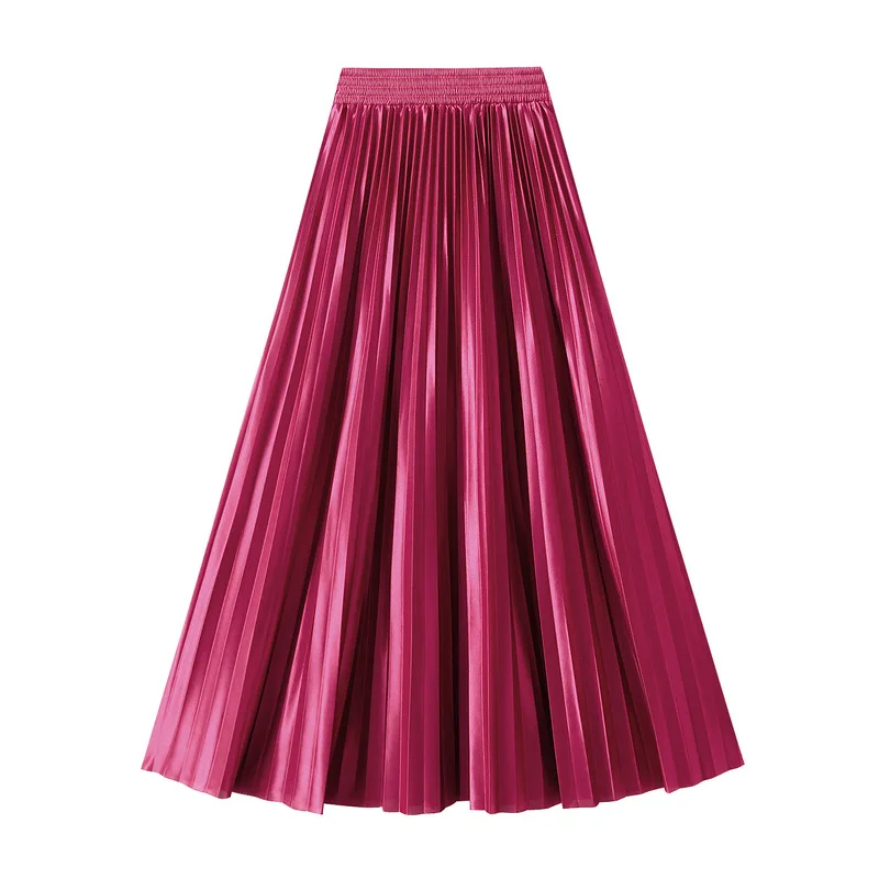 Women Satin Pleated Maxi Skirt Elastic High Waist Shiny Metallic Long A Line Flowy Skirt Party Evening Casual Skirt