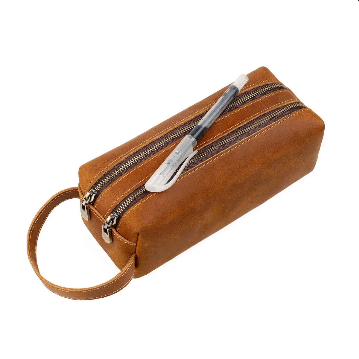 Large Capacity Double Zipper Pencil Case Crazy Horse Leather Stationery Bag Pencil Storage Bag Genuine Leather Small Bag Gifts