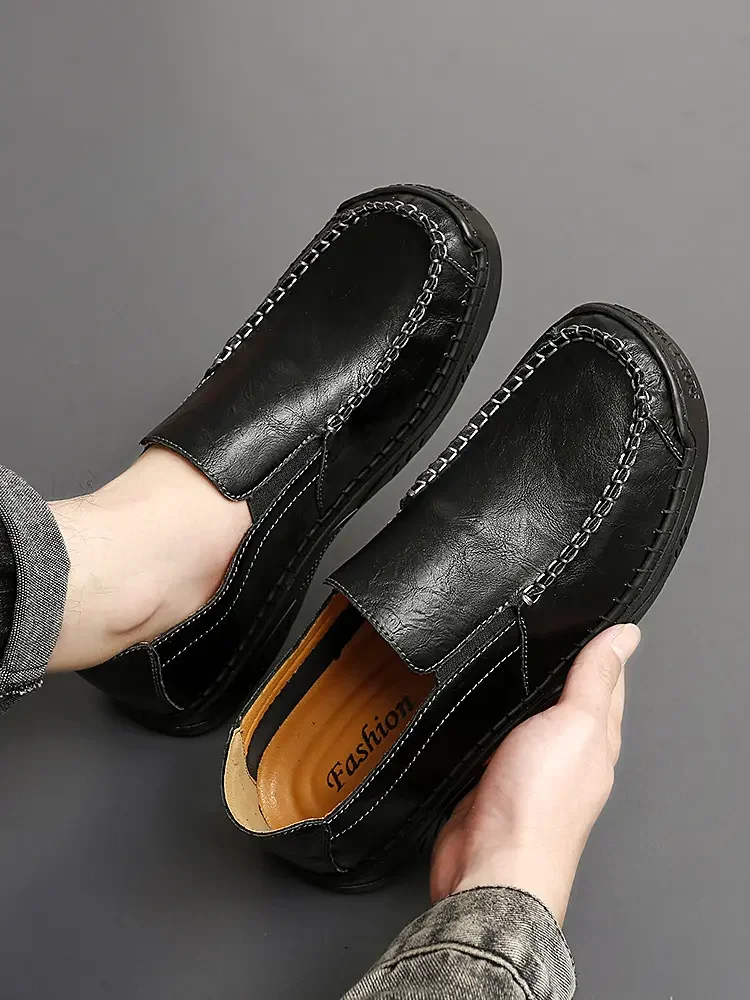 Sapato de couro para slip-on masculino, sola macia, antiderrapante, feito à mão, casual, trabalho, preguiçoso, novo, primavera, outono, tamanho grande, 2024