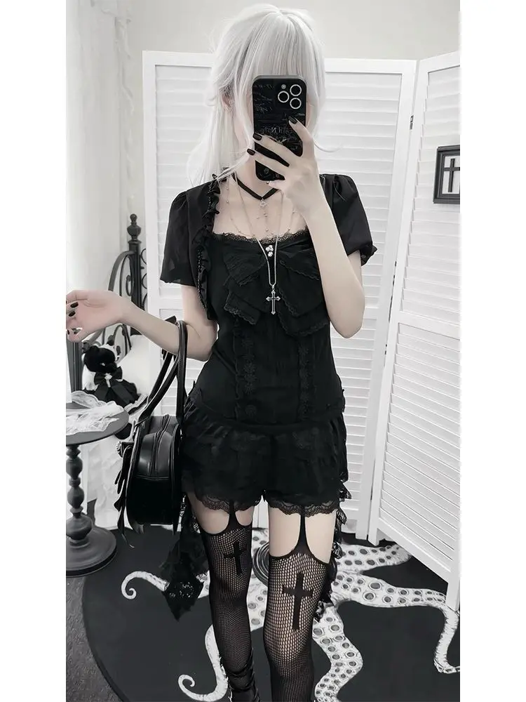 Subculture Vintage Gothic Short Sleeve Cardigan Spicy Girl Three-piece Set Aesthetic Y2k Sexy Dark Skinny Bow Patchwork Outfits