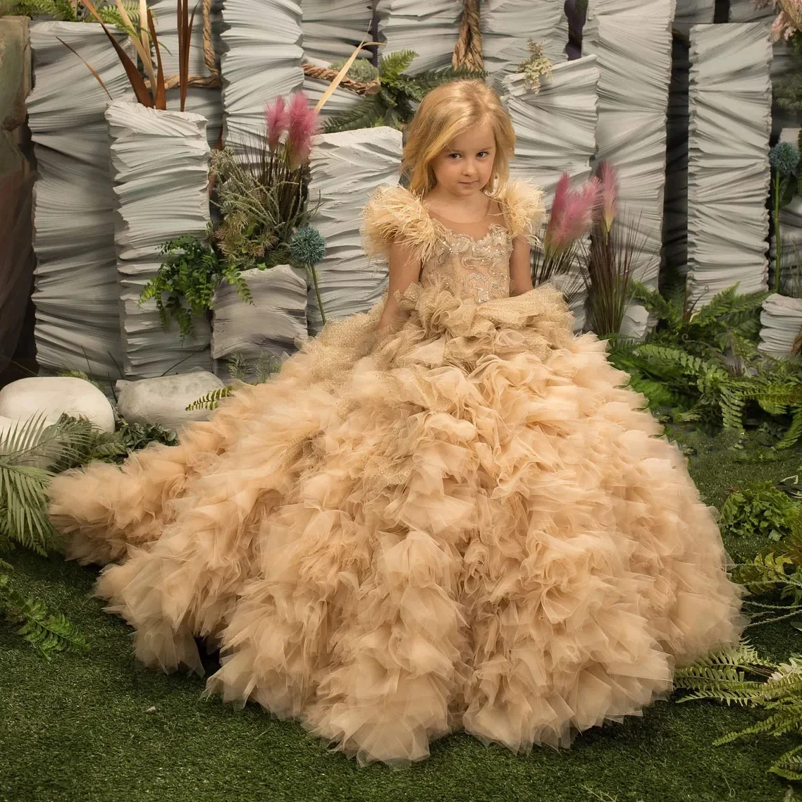 Puffy Flower Girl Dress for Wedding Tulle Appliques Tiered Floor Length Baby Kids Birthday Party First Communion Party Gown
