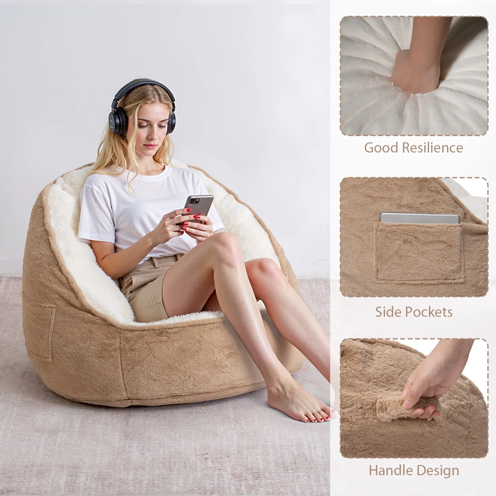 Sillón Puff con Bolsillo, Piel Sintética de Conejo, para Adultos, Cómodo, para Descansar en el Suelo, Sofá, Silla Decorativa para Sala de Estar