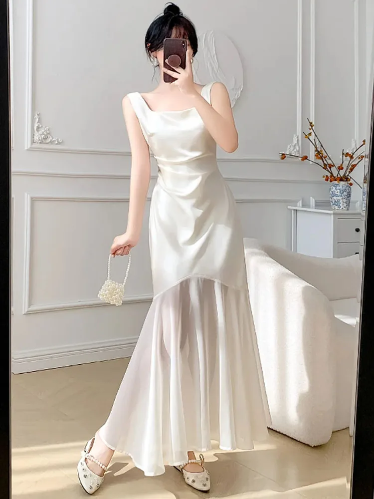 여성 우아한 화이트 새틴 베스트 이브닝 파티 드레스 섹시 루치드 슬림 여성 쉬폰 스플라이싱 러플 머메이드 드레스 2025