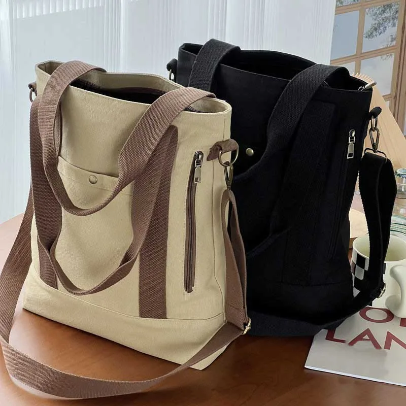 

Однотонная сумка Hylhexyr с несколькими карманами, хлопчатобумажная Холщовая Сумка-тоут, женская сумка через плечо для женщин, девушек в колледже