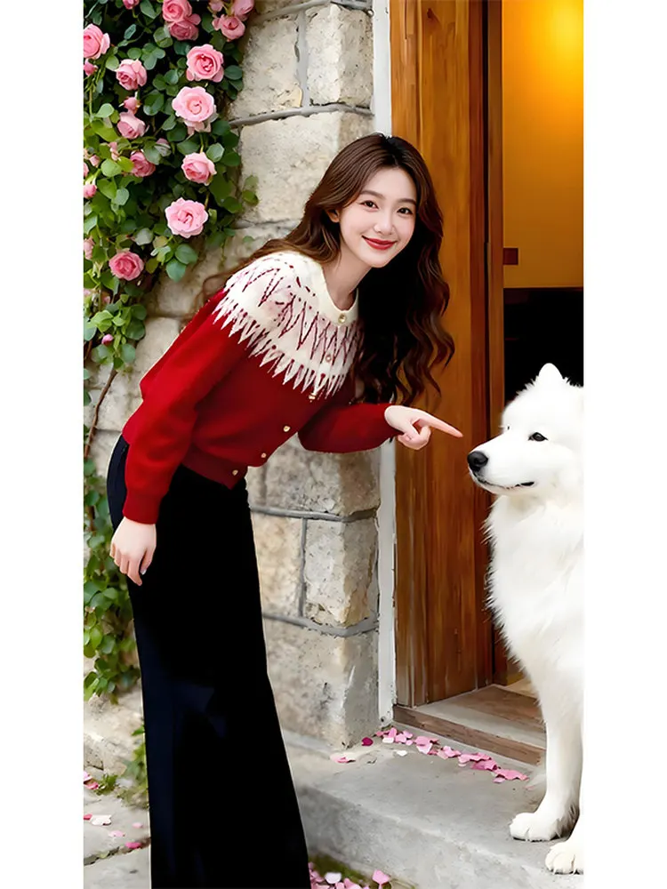 빨간색 니트 오픈 가디건 스웨터 여성용 캐주얼 루즈핏 롱 스웨터 라운드 넥 버튼 디테일 새해 아우로페스 탑