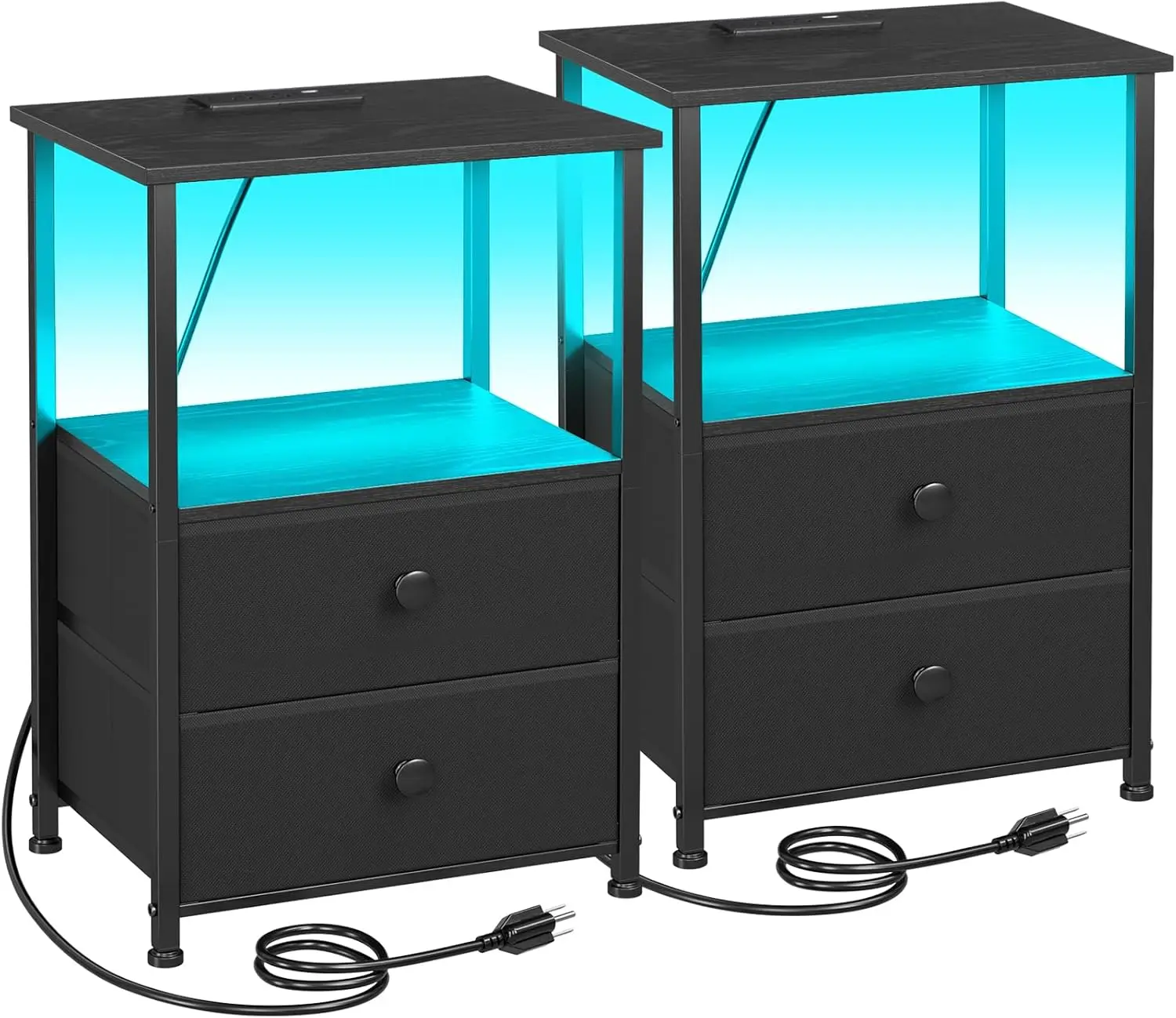 

Night Stand Set with LED Charging Station, Storage Shelf & Fabric Drawers for Bedroom, Small Spaces, Black