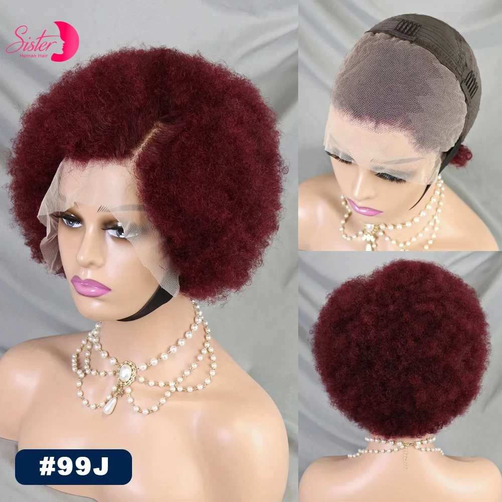 Short Burgundy 99J# Afro Kinky Curly Human Hair Wigs 250% Density 13x4 HD Lace Frontal Fluffy Curly Bob Wigs for Black Women