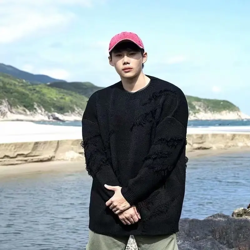 

Свободный мужской трикотаж Long Sve на подкладке, осень-зима, большие размеры 300, свитер Fat Man с отделкой кисточками, однотонный топ