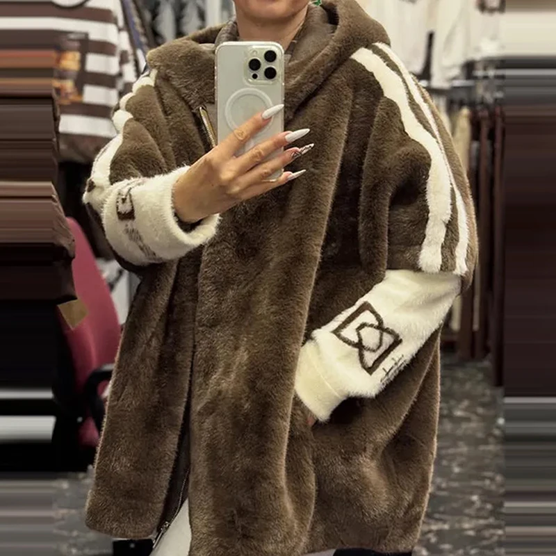 

Autumn Winter Vintage Fur Long Sleeve Coat Leisure Lady Loose Hoodies Zipper Outerwear 2025 New Spliced Warm Contrast Color Coat