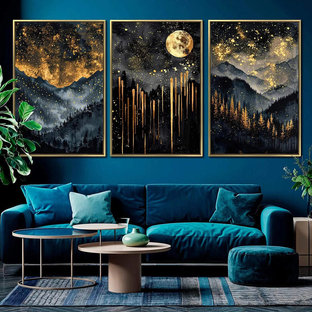 Image of Abstraktes Sternenhimmel-Leinwandgemälde Goldener Nachthimmel Luxuriöse Poster-Drucke Berg- und Waldmotiv Wanddekoration für Wohnzimmer und Schlafzimmer