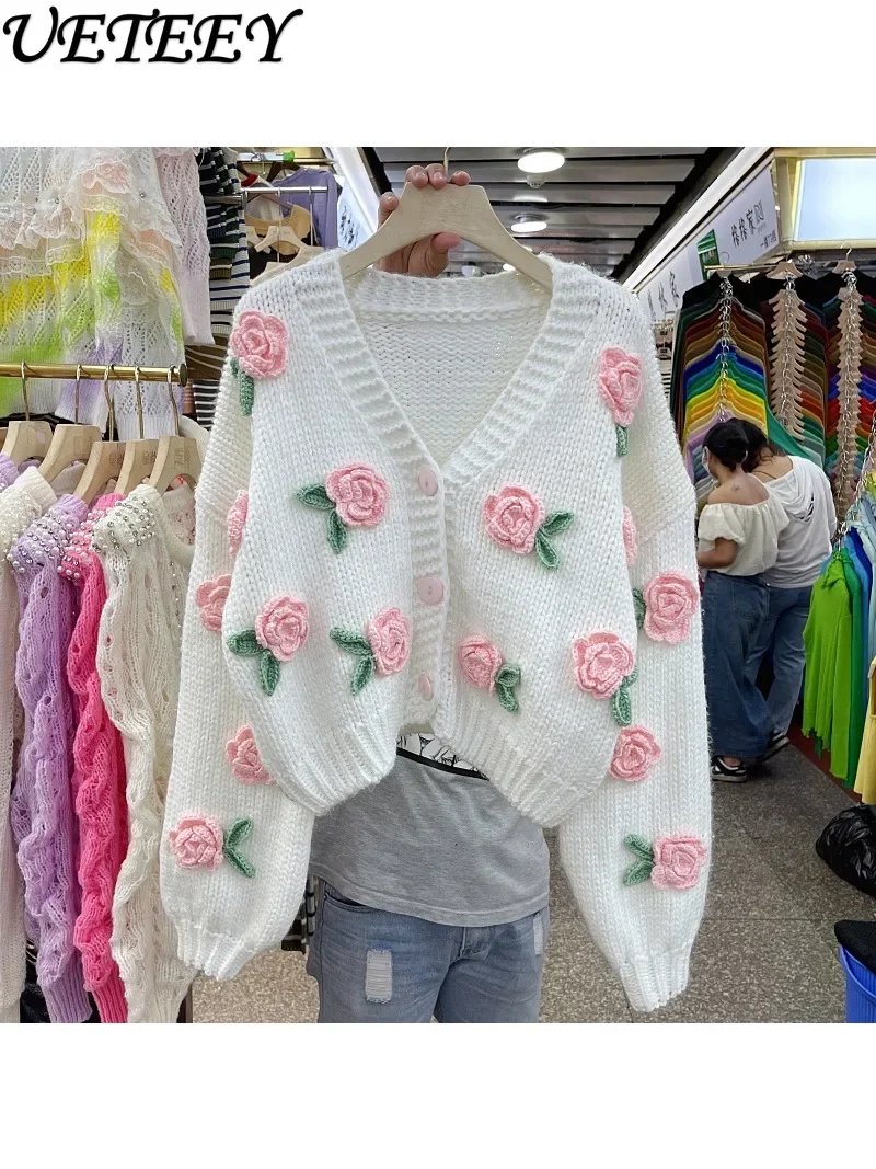 Autumn Winter New Knitting Needle Sweater Thick Knitted Cardigan Rose Flower Contrast Color Sweater Sweet Coat for Women