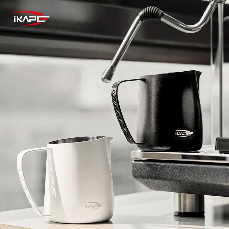 IKAPE Espresso Coffee Hollow-out Latte Art Cup Milk Frothing Pitcher Round Slanted Spout with Scale