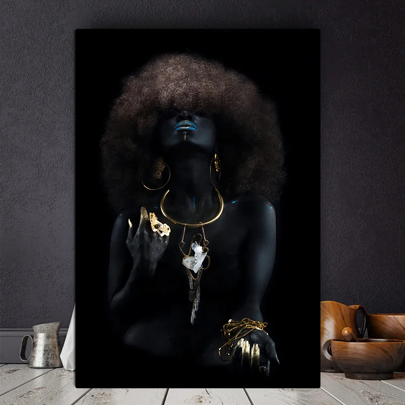 Fluffy Hair African Black Women Golden Finger Oil Painting on Canvas Cuadros Posters and Prints Wall Picture for Living Room