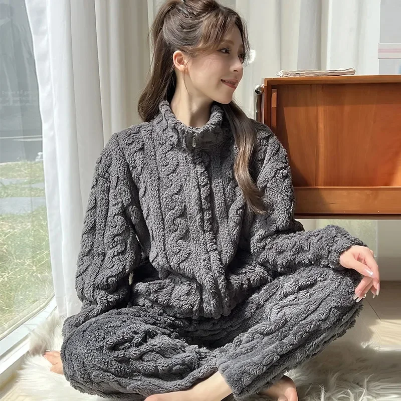 Autumn Winter Pajamas Set Women Coral Velvet Coat 2023 New Outfit Solid Color Flannel Padded Home Service Suit Female Jacket Top