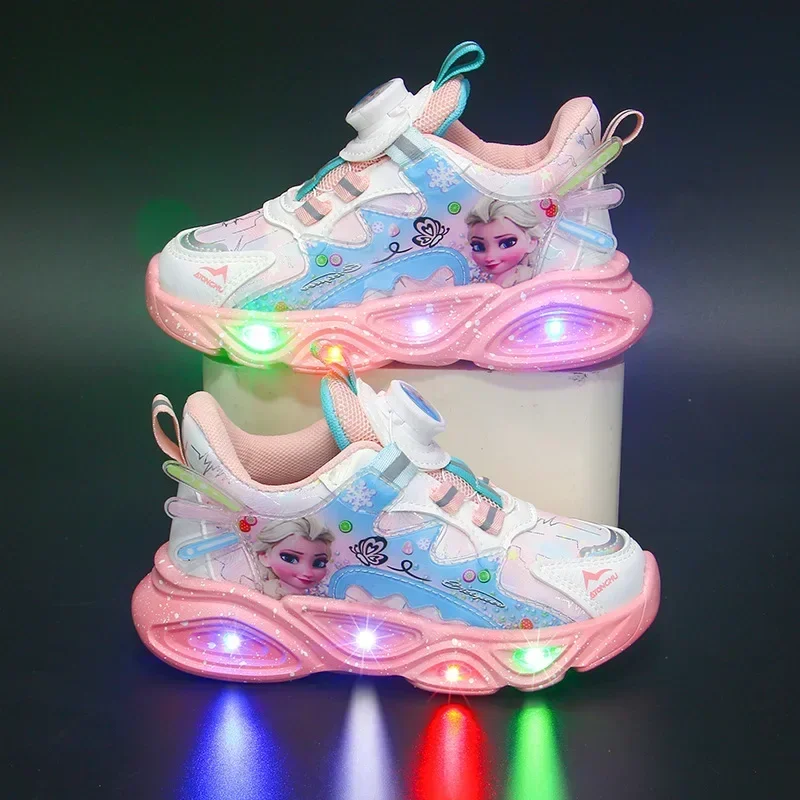 Disney Frozen Girls Casual Shoes LED Light Sneakers Elsa Princess Shoes Autumn and Winter Warm Casual Shoes Kids Birthday Gift