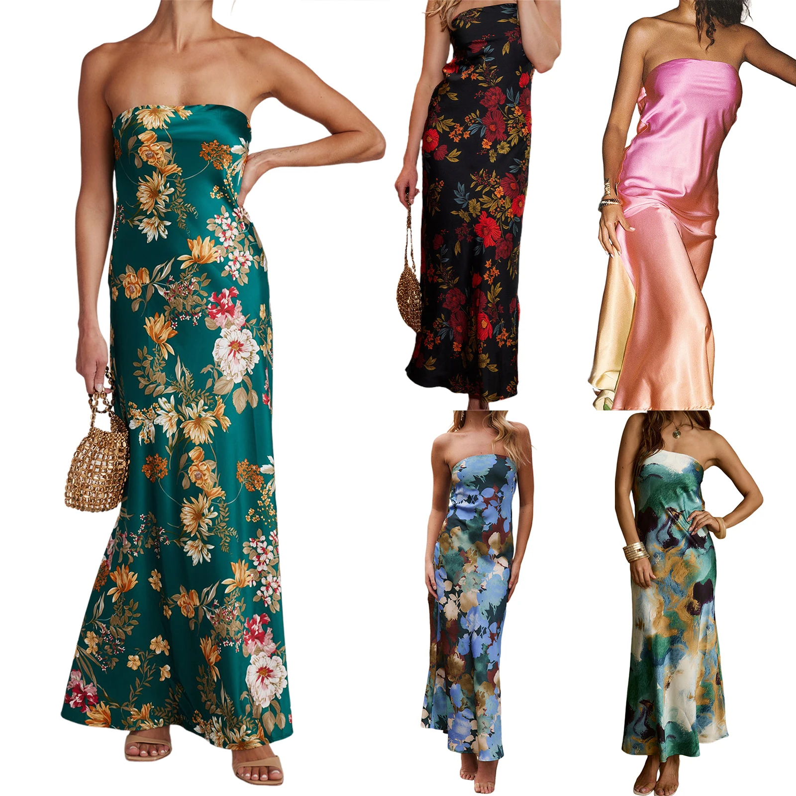 Abito tubino senza spalline da donna Abito lungo senza schienale con stampa floreale casual estiva per abiti da cocktail party beach streetwear