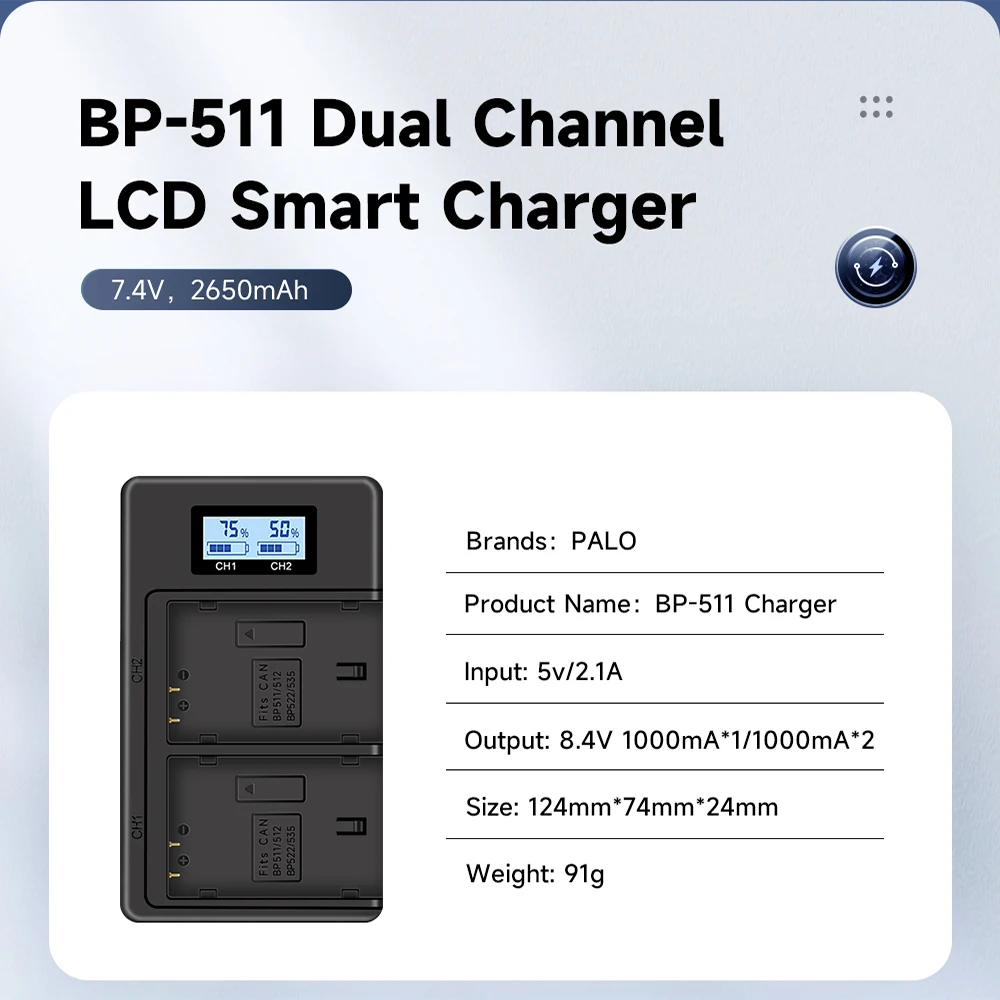 PALO 2 slots BP-511 BP-511A Camera battery charger for Canon BP 511 BP 511A Canon Powershot G6 G5 G3 G2 G1 EOS 300D D30 D60 40D