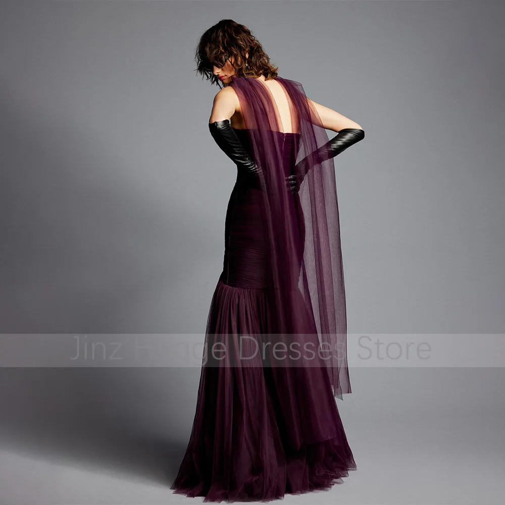 Elegant Evening Dress Dark Purple Strapless Pleated Tulle Mermaid Evening Gowns for Women 2024 Floor Length Trumpet Party Dress