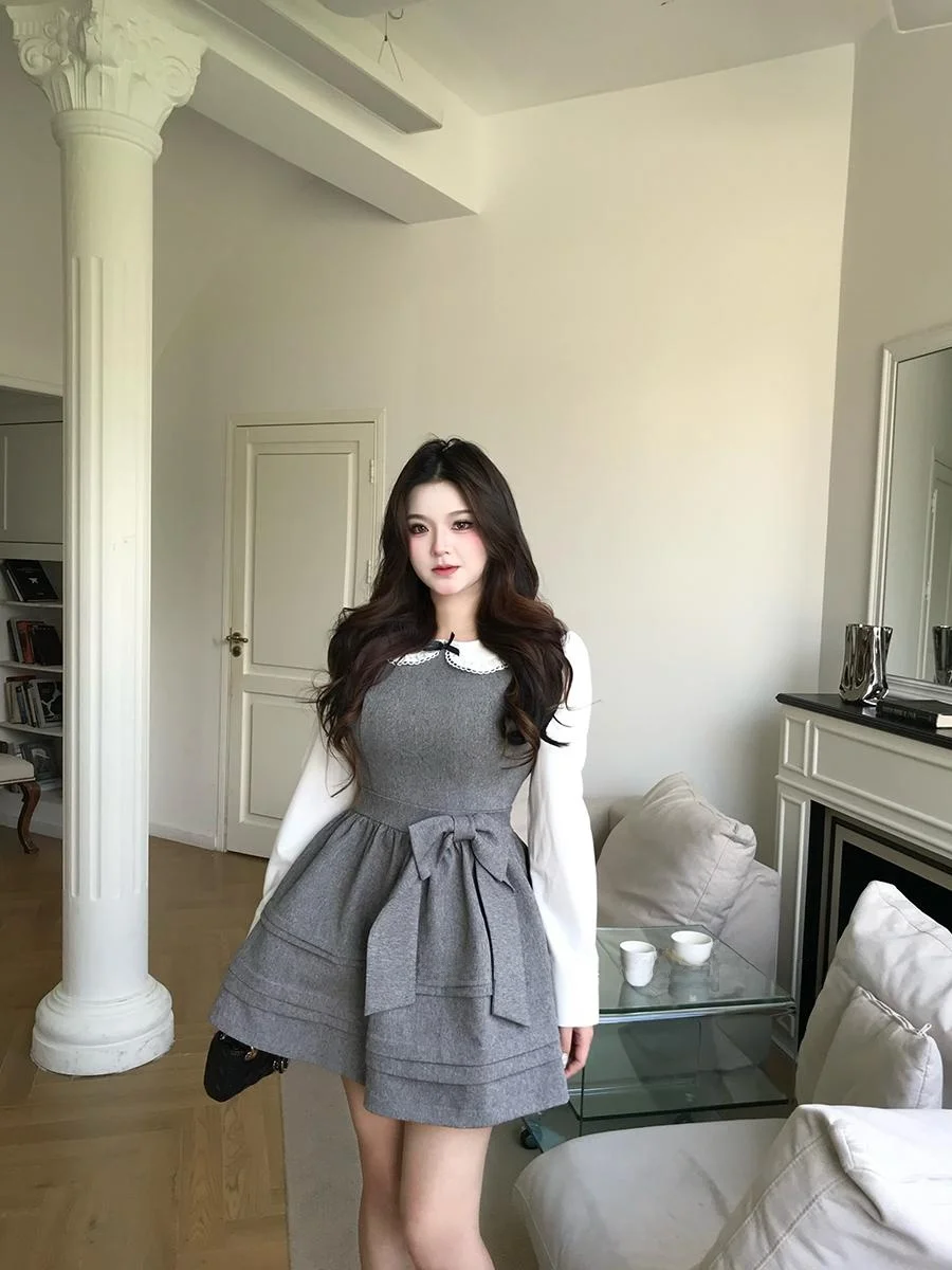 

Cecilia Sweet plus Size Niu Series Princess Feel Knot Waist Cinch Patchwork Fake Two-Piece Fluffy Skirt Cute Style ...