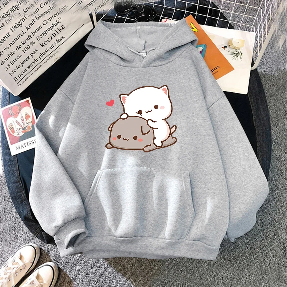 Harajuku Peach and Goma Cat Hoodie Women  Aesthetic Cute Kawaii Hoodies Unisex Autumn Winter Funny Graphic Pullovers Sweatshirts