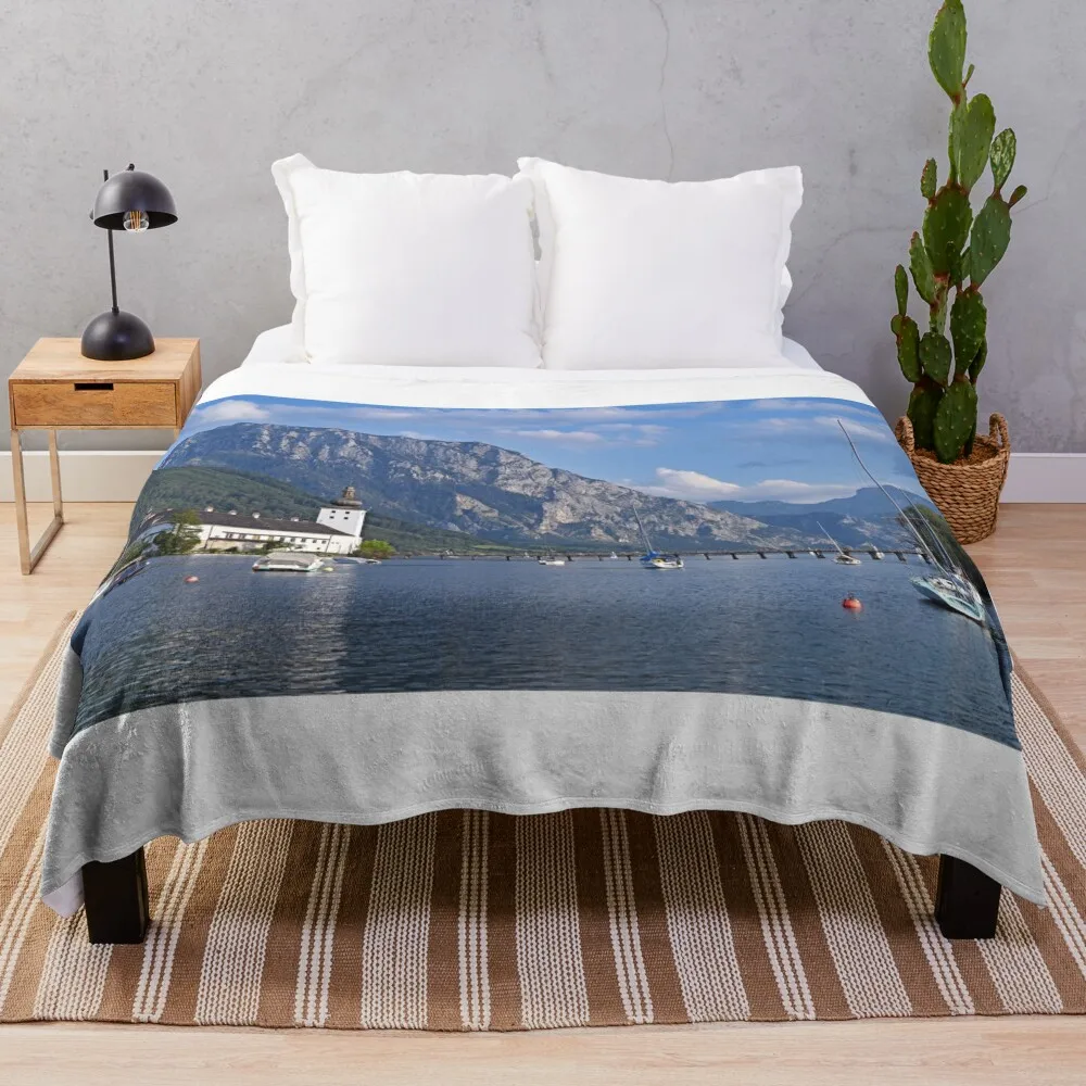 Castle Schloss Ort Orth on lake Traunsee in Gmunden landascape Throw Blanket blankets and throws Decorative Throw Blankets