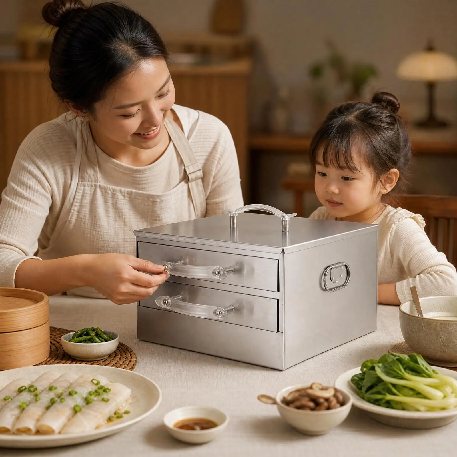 304 Stainless Steel Rice Noodle Maker Steamer for Home Use with Transparent Handles and Compact Build for Small Spaces