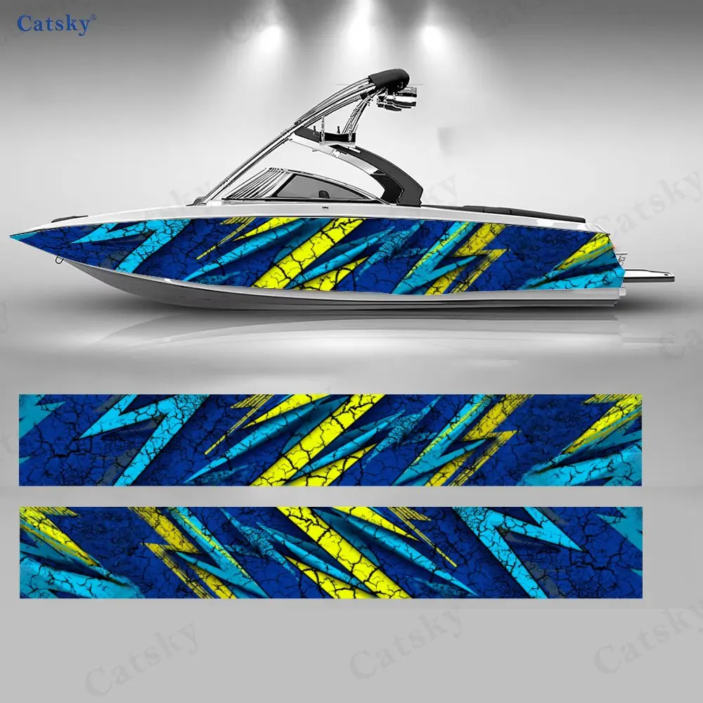 

2Pcs Blue & Yellow Cracked Lightning Boat Sticker, PVC Waterproof Vinyl Wrap Decals for Fishing Boat, Durable and Stylish Design