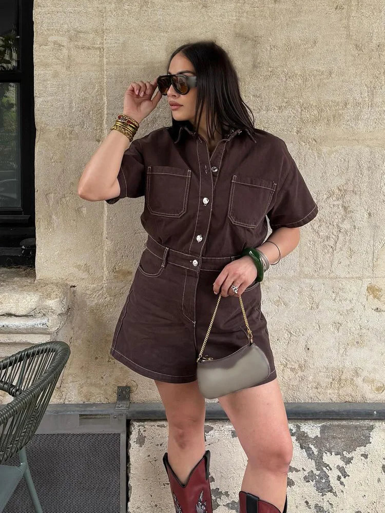 HH Women Fashion Lapel Single-Breasted Pocket Decorate Short Sleeve Jumpsuits Female Slim Casual Zipper Ones-Piece Shorts