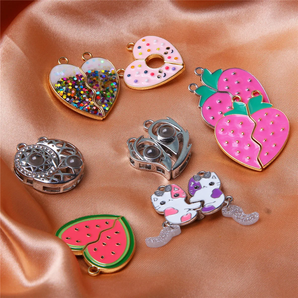 10pcs/5sets Alloy dripping oil good friend magnet love donut strawberry watermelon necklace accessories splicing wholesale