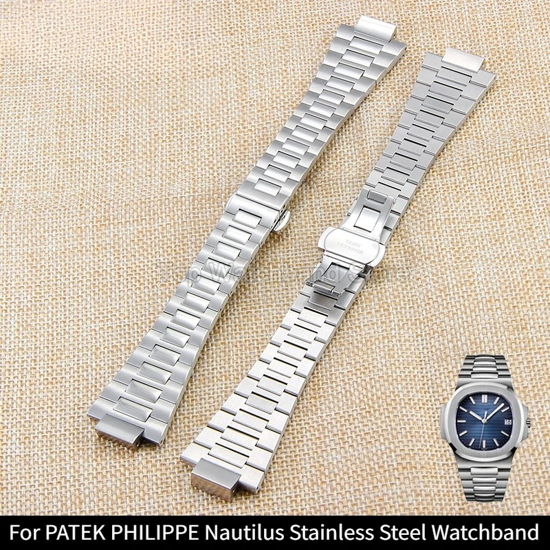 Tarnish-Proof Silver 13x25 Stainless Steel Watchband for PATEK PHILIPPE Nautilus 5724 5726 5740 5980 1A101 Convex Folding Buckle