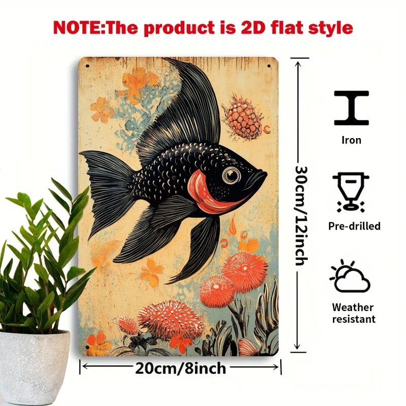 2D Flat, 2D Flat Retro Metal Sign 2D Flat, 1pc Vintage Fish Wall Decor - Black Iron Metal Fish Sign 7.87x11.81inch, Aquatic Art