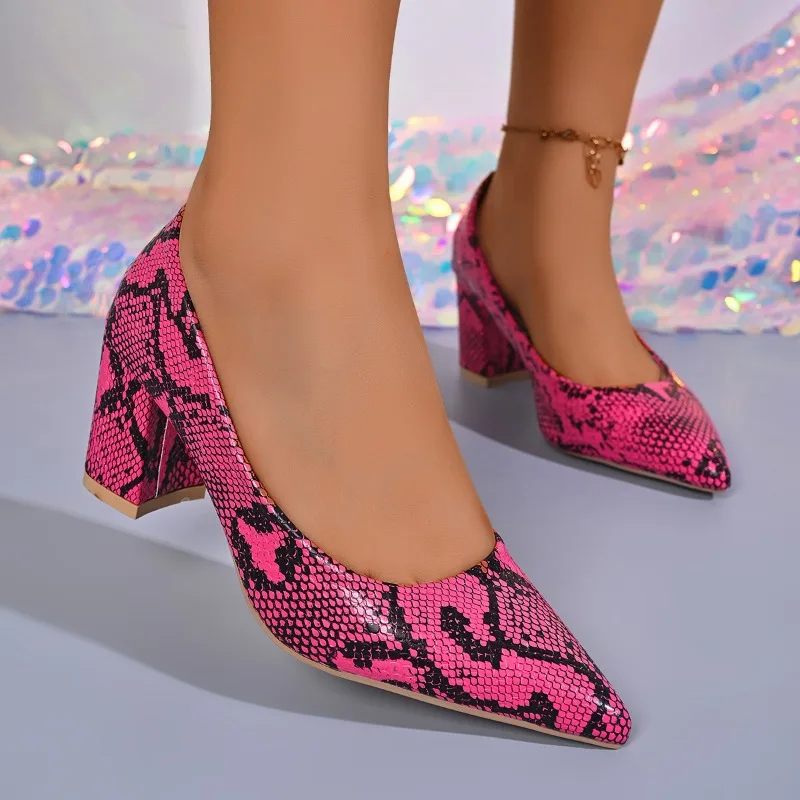 2026 New Pointed Toe Women High Heel Lolita Shoes Fashion Sexy Snake Pattern Casual Comfortable Square Heel Female Single Shoes